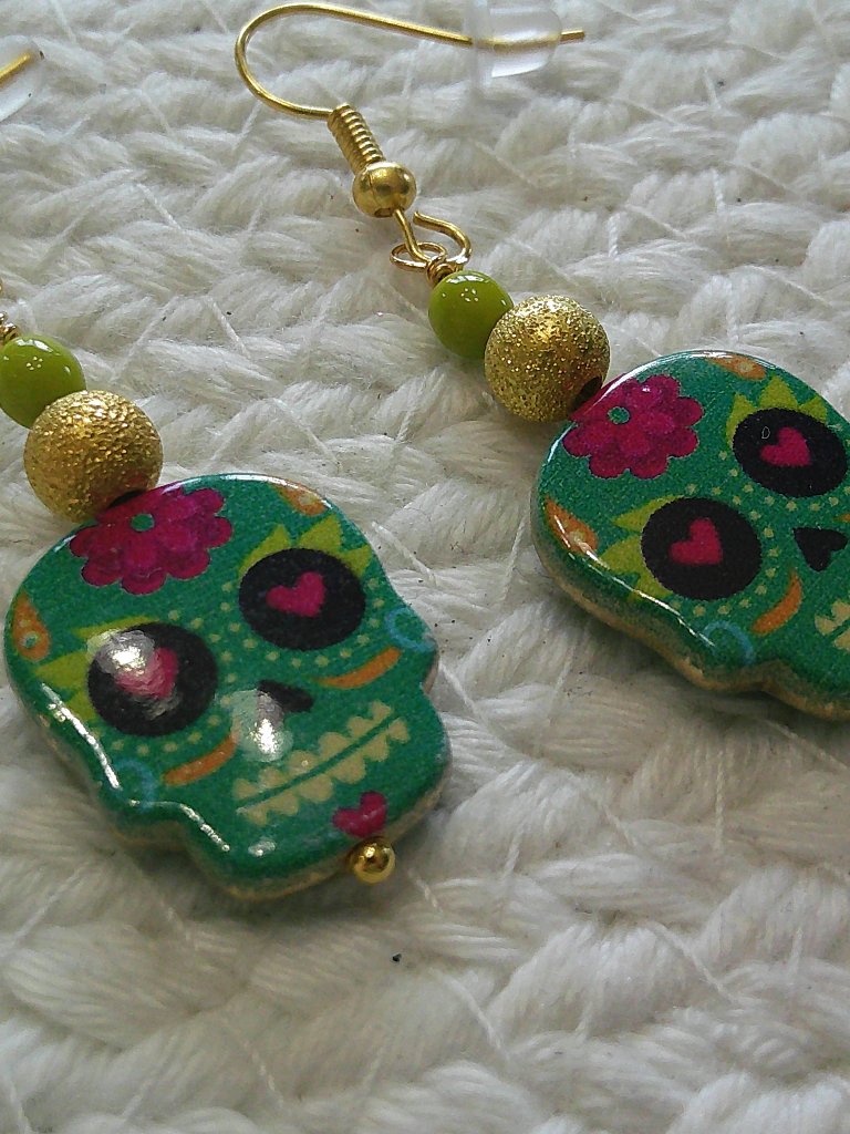 Festive Sugar Skulls On A Gold Filled Dangle Earrings #680e